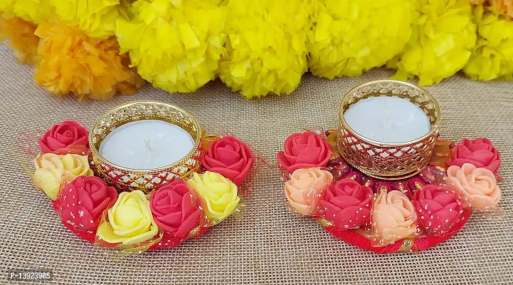 Forty Wings 2 Pcs Flower Work Beautiful Decorative Diya Tealight Candle Holder Diwali Pooja Diya Candle Diwali Lighting for Diwali Wedding Festival Decoration Items and Diwali Gift Set