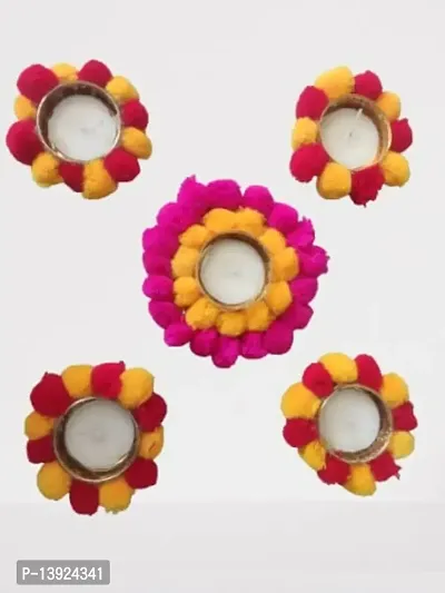 Forty Wings Handmade Designer Beautiful Pom pom Rangoli Designs Tealight Diya Candle Holder for Diwali Festival Home Decorations Lights-thumb0