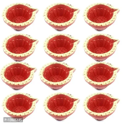 Forty Wings 12 Pcs Handmade Red Om Printed Clay Diya Traditional Clay Mitti Diya / Deepak Oil Lamps Terracotta diyas Candles for Diwali Navratri Pooja and Diwali Decoration Lights Gift (12 Red Diyas)