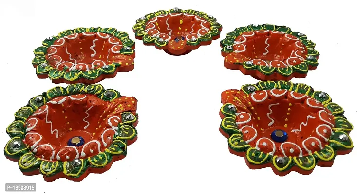 Urvi Creations Handmade Earthen Clay Terracotta Decorative Diya for Pooja/Rangoli (Set of 5) (10 x 8 x 12 cm, Multi-Color) ?-thumb3