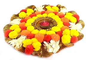 Urvi Creations Handmade Beautiful Flower Pom Pom Gota Patti Tea Light Diya Candle Holder for Diwali and Home Decoration (6 Inch)-thumb1