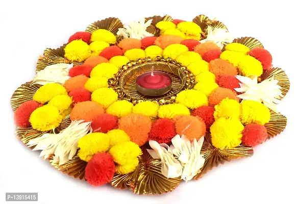 Urvi Creations Handmade Beautiful Flower Pom Pom Gota Patti Tea Light Diya Candle Holder for Diwali and Home Decoration (6 Inch)-thumb2