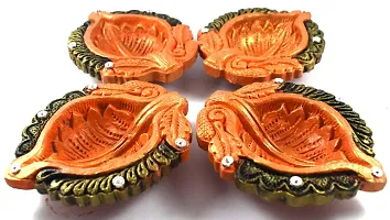 Urvi Creations Set of 4 Handmade Traditional Earthen Clay Mitti Diya Oil Lamps for Pooja Diwali Decoration - Multi Colour-thumb1