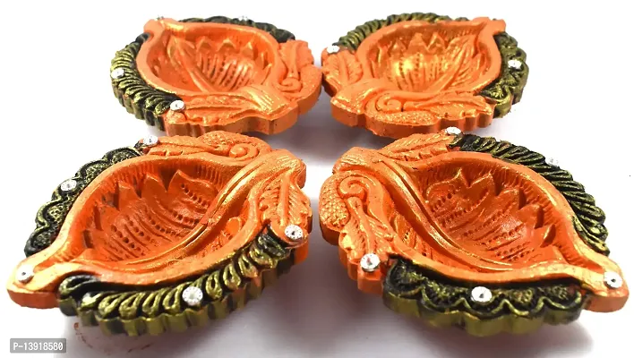 Urvi Creations Set of 4 Handmade Traditional Earthen Clay Mitti Diya Oil Lamps for Pooja Diwali Decoration - Multi Colour-thumb2