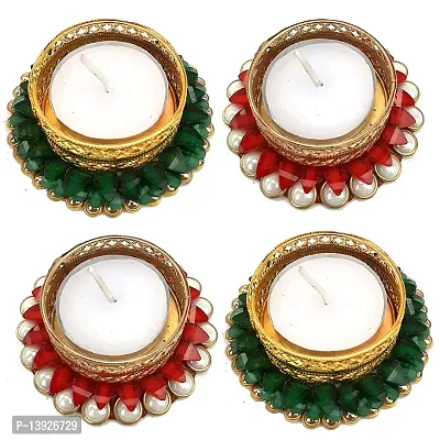 Forty Wings 4 Pcs Red Green Pearl Stone Work Tealight Diya Candle Holder for Diwali Festival Home Decorations Lights