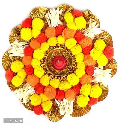 Urvi Creations Handmade Beautiful Flower Pom Pom Gota Patti Tea Light Diya Candle Holder for Diwali and Home Decoration (6 Inch)