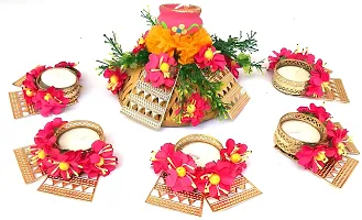 Urvi Creations Set of 6 Pcs Designer Flower Rangoli Set TeaLight Holder Candles for Diwali Home Decor - Multi Color-thumb4