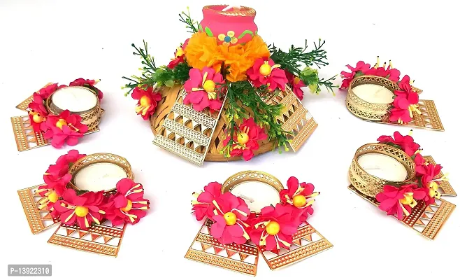 Urvi Creations Set of 6 Pcs Designer Flower Rangoli Set TeaLight Holder Candles for Diwali Home Decor - Multi Color-thumb5