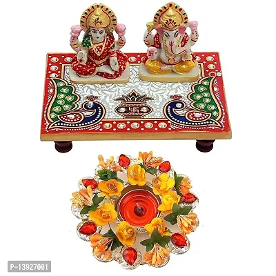 Forty Wings Beautiful Diwali Gift Ganeshji Laxmiji Pooja Choki with 1 pcs Flower Tealight Holder Best Diwali Gift-thumb0