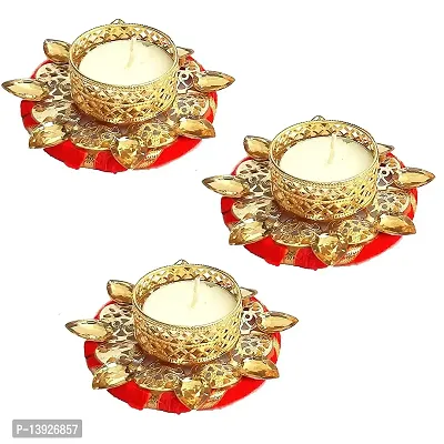 Forty Wings 3 Pcs Designer GOL Shape Golden Stone Tealight Diya Candle Holder for Diwali Festival Home Decorations Lights