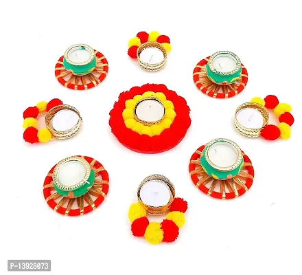 Forty Wings Set of 10 Pcs Pom Pom Mat Rangoli Decorative Diya Tealight Candle Holder Diwali Pooja Diya Candle Diwali Lighting for Diwali Wedding Festival Decoration Items and Diwali Gift Set