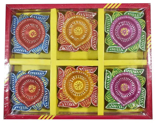 Urvi Creations Set of 6 Handmade Traditional Earthen Clay Mitti Diya Oil Lamps for Pooja Diwali Decoration - Multi Colour