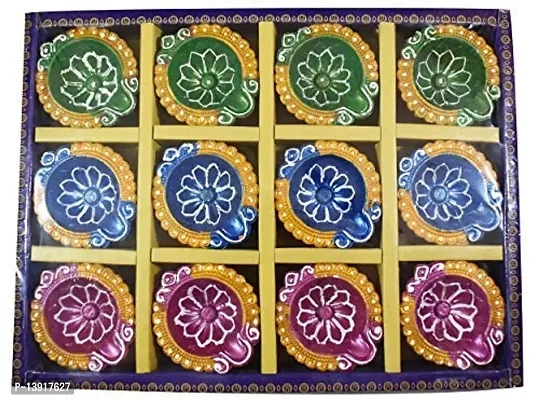 Urvi Creations Set of 12 Handmade Traditional Earthen Clay Mitti Diya Oil Lamps for Pooja Diwali Decoration - Multi Colour