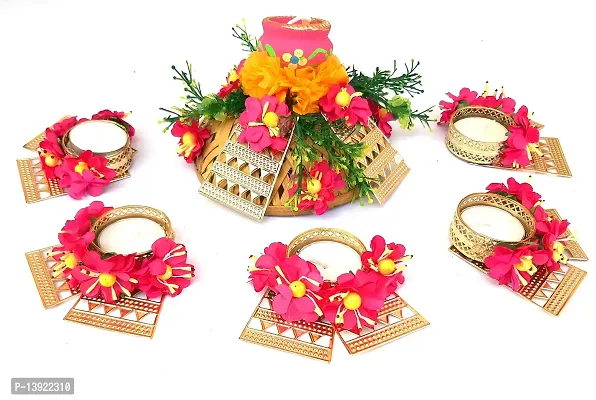 Urvi Creations Set of 6 Pcs Designer Flower Rangoli Set TeaLight Holder Candles for Diwali Home Decor - Multi Color