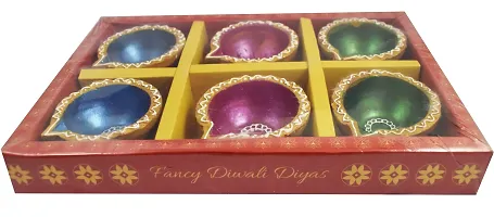 Urvi Creations Set of 6 Handmade Traditional Earthen Clay Mitti Diya Oil Lamps for Pooja Diwali Decoration - Multi Colour-thumb2