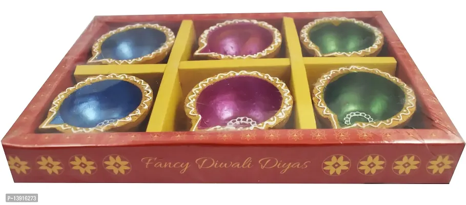 Urvi Creations Set of 6 Handmade Traditional Earthen Clay Mitti Diya Oil Lamps for Pooja Diwali Decoration - Multi Colour-thumb3