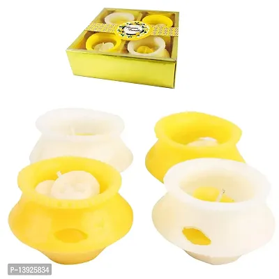 Forty Wings 4Pcs Matki Shape Wax Candles Floating Tea Light Candles for Diwali Decoration Items and Christmas Festivals Candles (Yellow White Candles)-thumb0