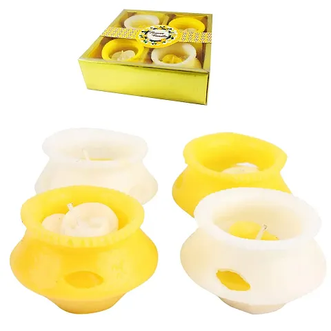 Forty Wings 4Pcs Matki Shape Wax Candles Floating Tea Light Candles for Diwali Decoration Items and Christmas Festivals Candles (Yellow White Candles)