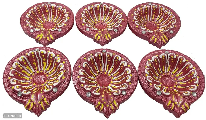 Urvi Creations Handmade Earthen Clay Terracotta Decorative Diya For Pooja / Rangoli (Set of 6) (10 x 8 x 12 cm, Multi-Color)-thumb3