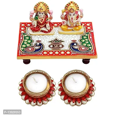 Forty Wings Beautiful Diwali Gift Ganeshji Laxmiji Pooja Choki with 2 Pcs Wax Tealight Holder Best Diwali Gift for Office ,Friends-thumb0