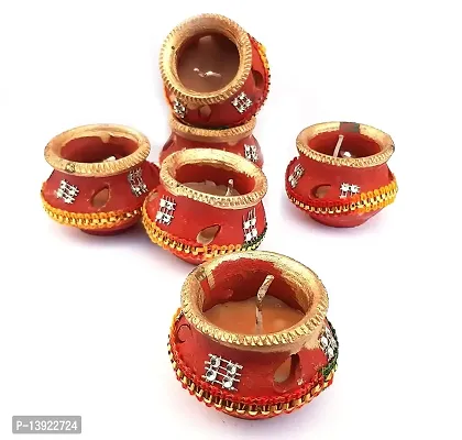 Forty Wings 6 Pcs Decorative Terracotta Wax Filled Matki Shape Diya Candle for Diwali Lighting Decoration Diwali Gift and Pooja Home Decor Item-thumb3