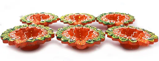 Urvi Creations Handmade Earthen Clay Terracotta Decorative Diya For Pooja / Rangoli (Set of 6) (10 x 8 x 12 cm, Multi-Color)-thumb2