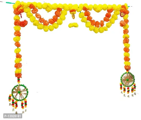 Forty Wings 1 Pcs Pom Pom Bells Yellow Artificial Marigold Flowers Genda Phool Door Bandharwar/Toran,Garland Door Wall Hanging Garlands for Diwali,Navratra Festival Home,Tempe Wedding Decoretion