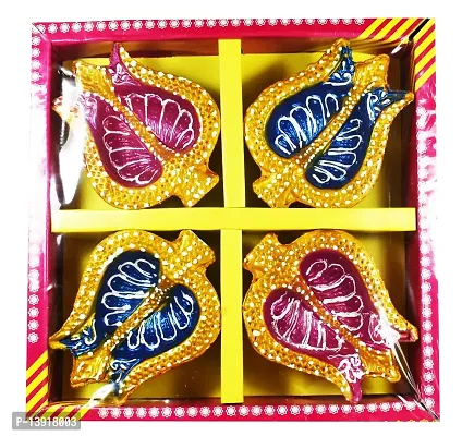 Urvi Creations Set of 4 Handmade Traditional Earthen Clay Mitti Diya Oil Lamps for Pooja Diwali Decoration - Multi Colour