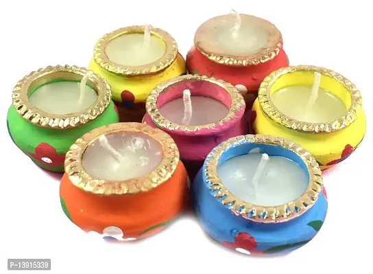 Masti Zone URVI Creations Wax Filled Matki Diya Diwali Candles Lamps (Multicolour, Set of 7)-thumb5