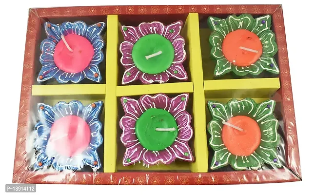 Urvi Creations Wax Filled Set of 6 Handmade Traditional Earthen Clay Diwali Diya Oil Lamps for Pooja Diwali Decoration - Multi Colour