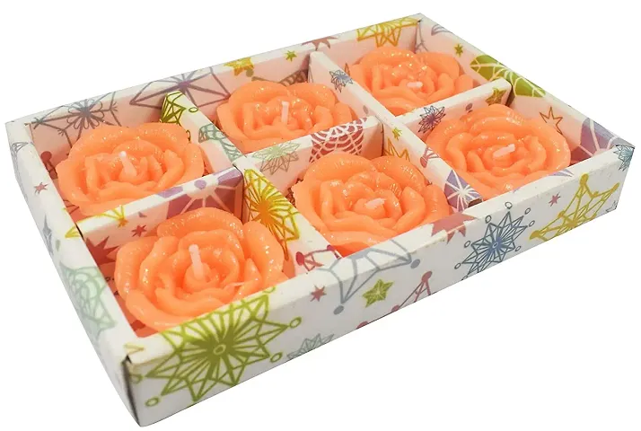 Forty Wings 6 Pcs Rose Shape Flower Wax Candles Floating Tea Light Candles for Diwali Decoration Items and Christmas Festivals Candles (Orange Candles)