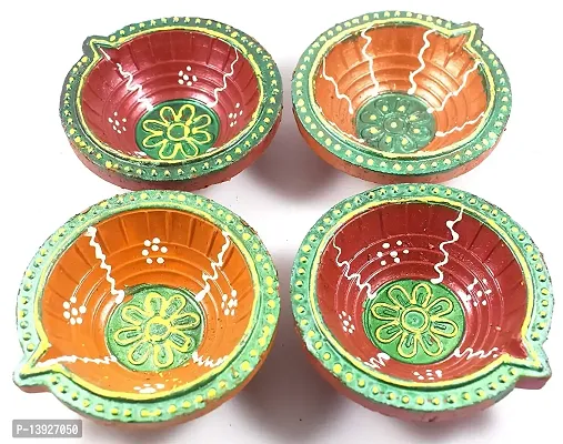 Forty Wings 4 Pc Handmade Traditional Clay Mitti Diya Oil Lamps for Pooja Candle for Diwali Decoration  Gift - (Multi Colour Diya)