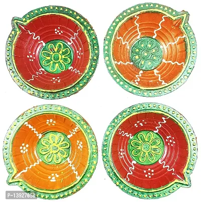 Forty Wings 4 Pc Handmade Traditional Clay Mitti Diya Oil Lamps for Pooja Candle for Diwali Decoration  Gift - (Multi Colour Diya)-thumb2