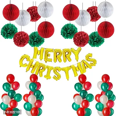 Masti Zone Christmas Foil Balloons Merry Christmas Letters Banner with 60 Red Green White Balloons and 8 Pcs Honey Comb Ball and Paper Flower Christmas Xmas Decoration