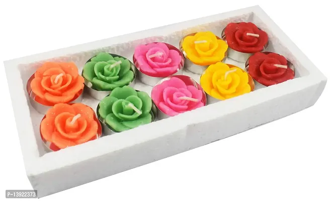 Urvi Creations Set of 10 Rose Shape Floating Tea Light Candles for Diwali Decoration Items - Multi Color-thumb2