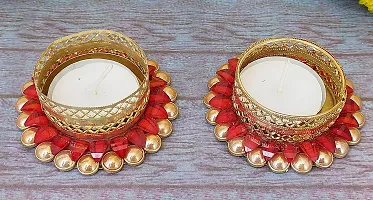 Forty Wings Set of 2 Red Stone Work Beautiful Decorative Diya Tealight Candle Holder Diwali Pooja Diya Candle Diwali Lighting for Diwali Wedding Festival Decoration Items and Diwali Gift Set-thumb3