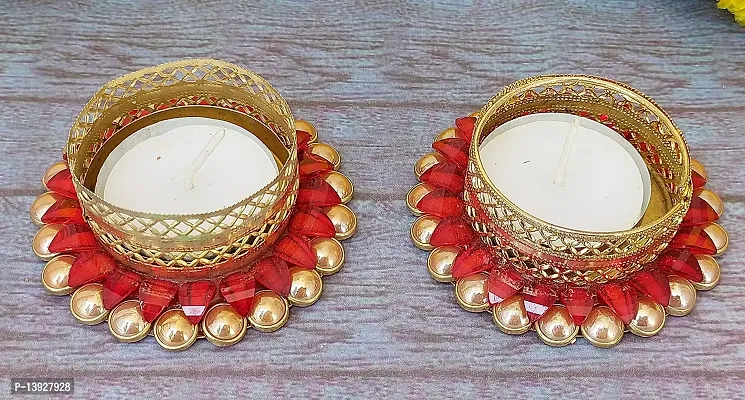 Forty Wings Set of 2 Red Stone Work Beautiful Decorative Diya Tealight Candle Holder Diwali Pooja Diya Candle Diwali Lighting for Diwali Wedding Festival Decoration Items and Diwali Gift Set-thumb4