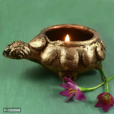 Urvi Creations Tortoise Shape Metallic Finish Terracotta Tealight Diya Candle Holder for Diwali Festival Home Decorations Lights-thumb0