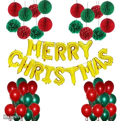 Masti Zone Christmas Foil Balloons Merry Christmas Letters Banner with 50 Red Green Balloon and 8Pcs Paper Honeycomb Ball and Flower Chtistmas Xmas Decoration
