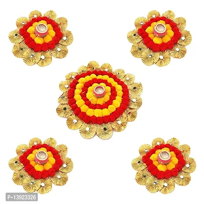 Urvi Creations Set of 5 Pcs Designer Pom Pom Gotta Flower Rangoli Set Tea Light Holder Candles for Diwali Home Decor - Multi Color-thumb2