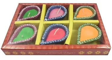 Urvi Creations Wax Filled Set of 6 Handmade Traditional Earthen Clay Diwali Diya Oil Lamps for Pooja Diwali Decoration - Multi Colour-thumb1