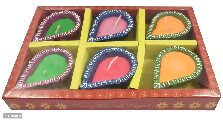 Urvi Creations Wax Filled Set of 6 Handmade Traditional Earthen Clay Diwali Diya Oil Lamps for Pooja Diwali Decoration - Multi Colour-thumb2