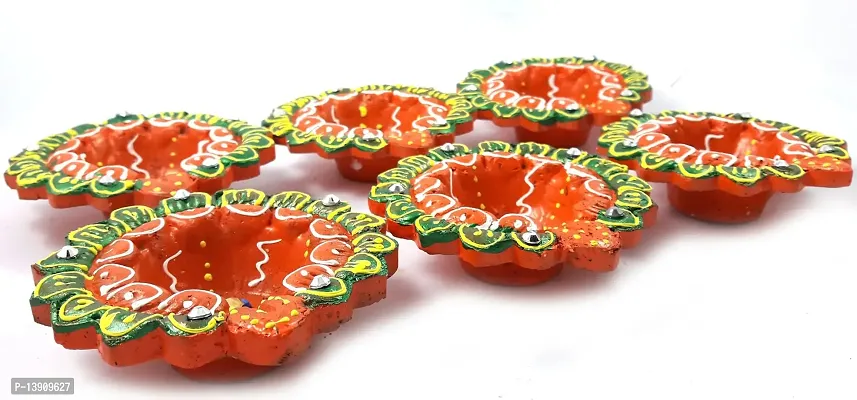 Urvi Creations Handmade Earthen Clay Terracotta Decorative Diya For Pooja / Rangoli (Set of 6) (10 x 8 x 12 cm, Multi-Color)-thumb4