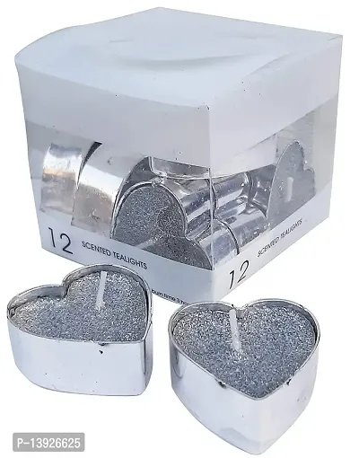 Forty Wings 12 Pcs Heart Shape Scented Wax Candles Tea Light Candles for Diwali Decoration Items and Christmas Festivals Candles (Silver Candles)-thumb0