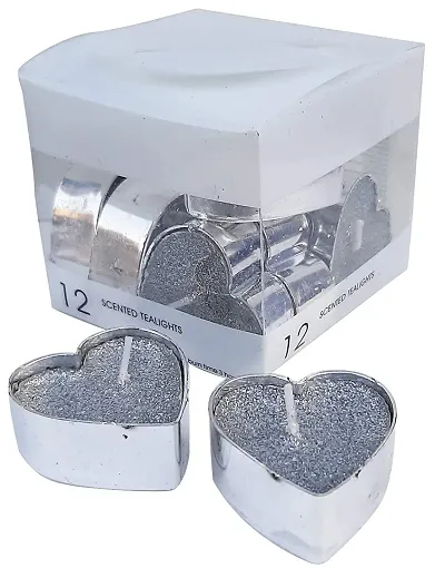 Forty Wings 12 Pcs Heart Shape Scented Wax Candles Tea Light Candles for Diwali Decoration Items and Christmas Festivals Candles (Silver Candles)