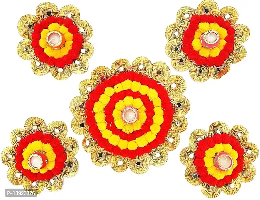 Urvi Creations Set of 5 Pcs Designer Pom Pom Gotta Flower Rangoli Set Tea Light Holder Candles for Diwali Home Decor - Multi Color