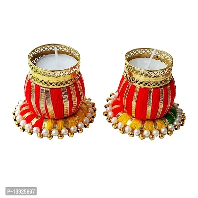 Forty Wings Set of 2 Gotta Beaded Work Beautiful Decorative Diya Tealight Candle Holder Diwali Pooja Diya Candle Diwali Lighting for Diwali Wedding Festival Decoration Items and Diwali Gift Set