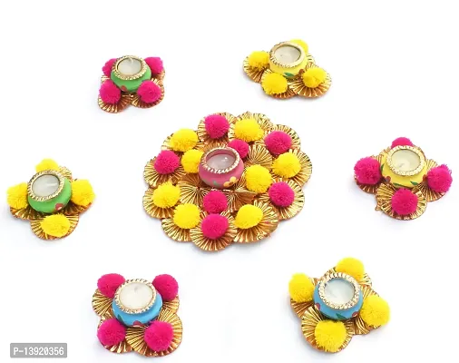 Urvi Creations Set of 7 Pcs Designer Pom Pom Gotta Flower Rangoli Set Tea Light Holder Candles for Diwali Home Decor - Multi Color-thumb0