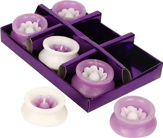 Forty Wings 6 Pcs Matki Shape Wax Candles Tea Light Candles for Diwali Decoration Items and Christmas Festivals Candles (Purple White Candles)
