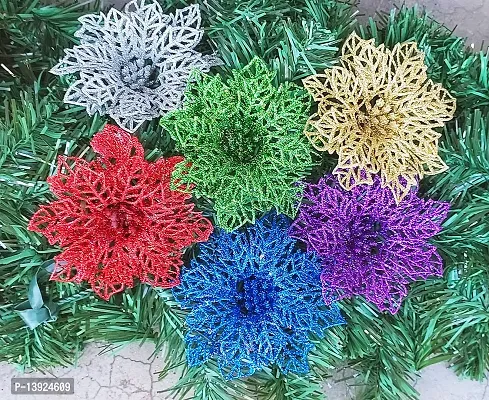 Forty Wings 6 Pcs Artificial Glitter Poinsettia Christmas Flowers for Xmas Tree Floral Ornaments Wreath Decor Christmas Xmas Party Decoration DIY Christmas Craft-thumb3